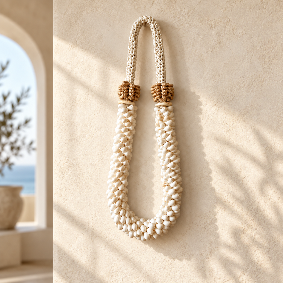 White Double Strand Shell Necklace on Metal Stand, styled interior
