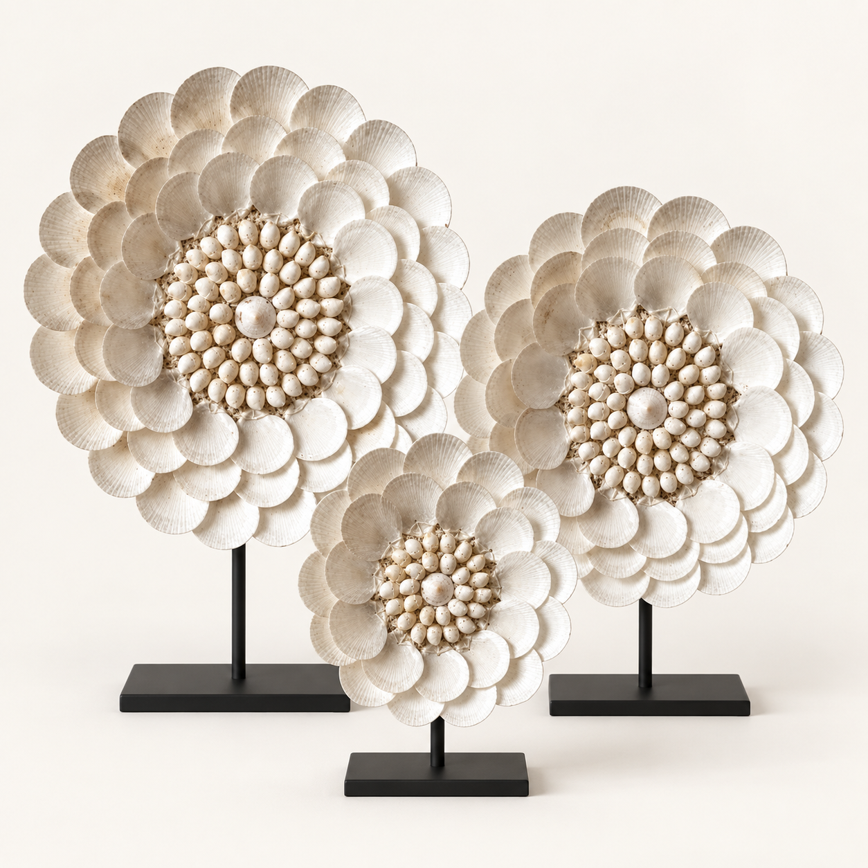 White Shell Flower Decor in S, M and L on included black metal stands