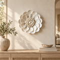 White Shell Flower Decor displayed on a warm ivory wall above a pale oak console