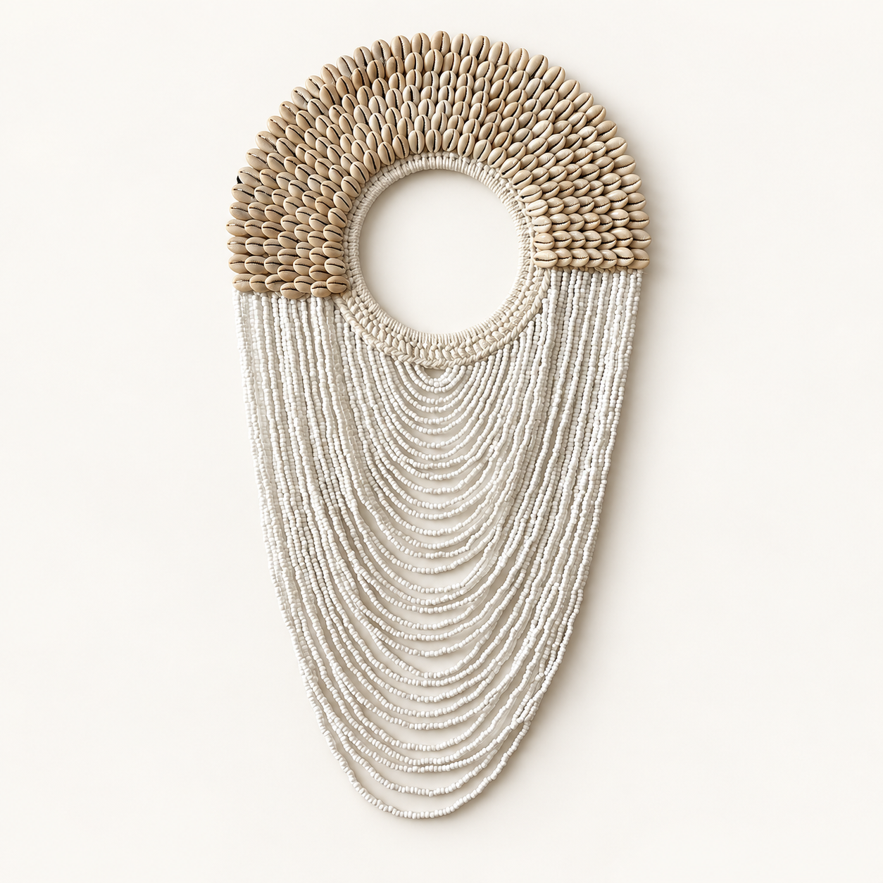 White Shell Fringe decorative necklace — White Shell Fringe decorative shell necklace — White Shell Fringe Necklace on warm cream background