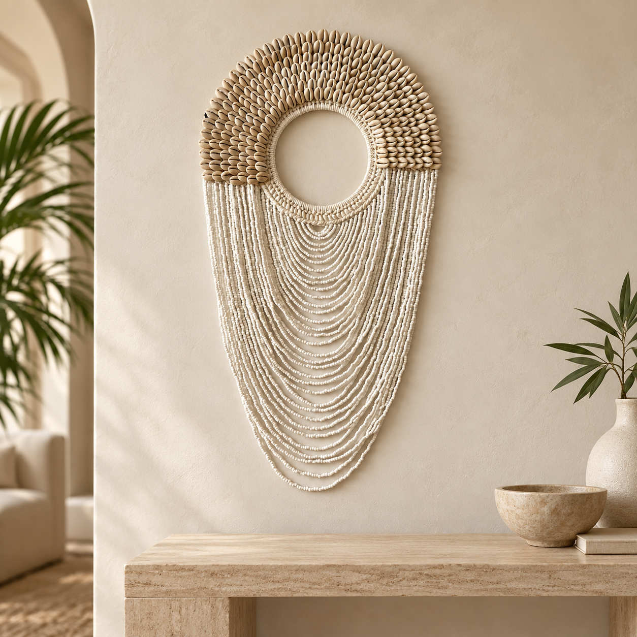 White Shell Fringe decorative necklace — White Shell Fringe decorative shell necklace — White Shell Fringe Necklace displayed on a wall in a shaded luxury interior