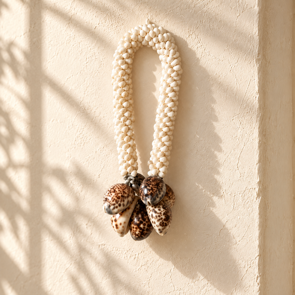 White Shell Loop Necklace on Metal Stand, styled interior
