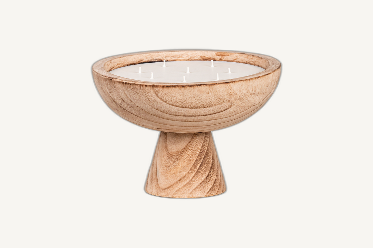 wide wood grail candle angle-2 on Cabana off-white background