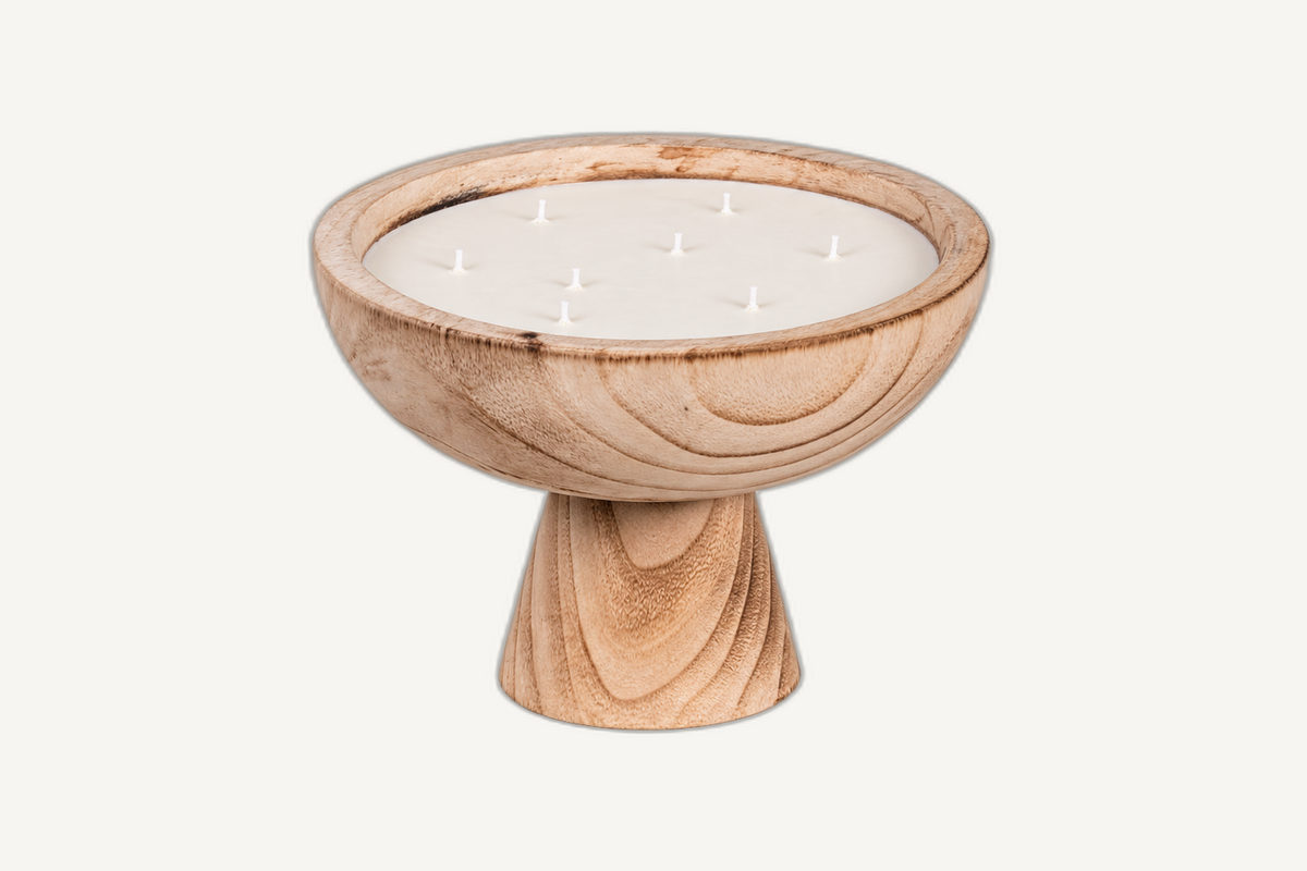 wide wood grail candle angle-3 on Cabana off-white background